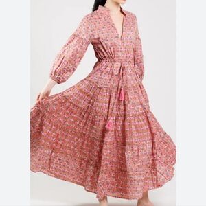 Dzubi Amala Bagru Puff Sleeve Tiered Shirt Dress Size Medium Pink & Tan Floral